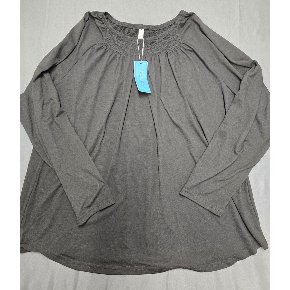 WellSize Women 2XL Charcoal Gray/black Smocked Neck Long Sleeve Blouse NWT